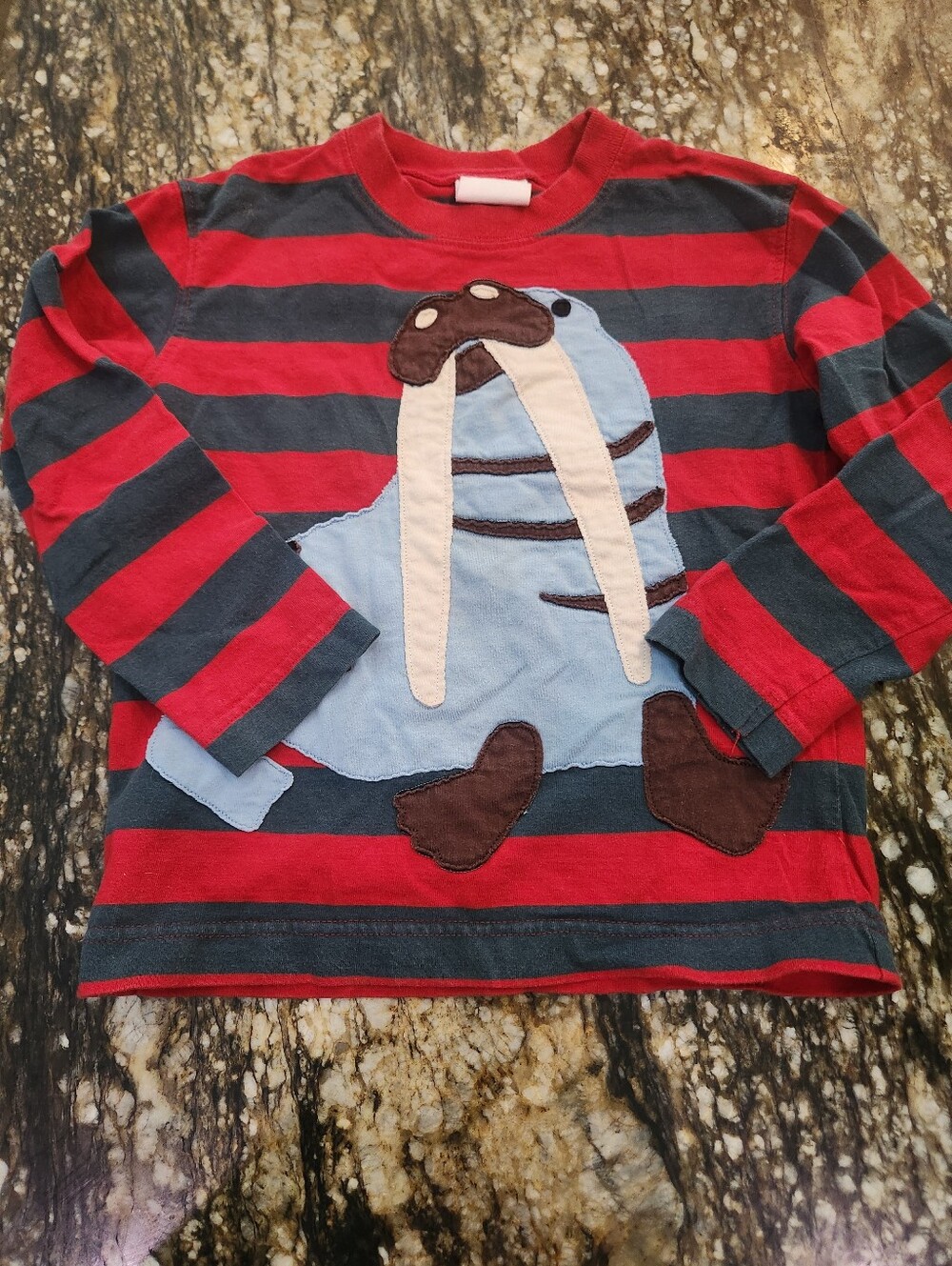 Mini Boden Red and Navy Striped Long-Sleeve Walrus Appliqué Tee